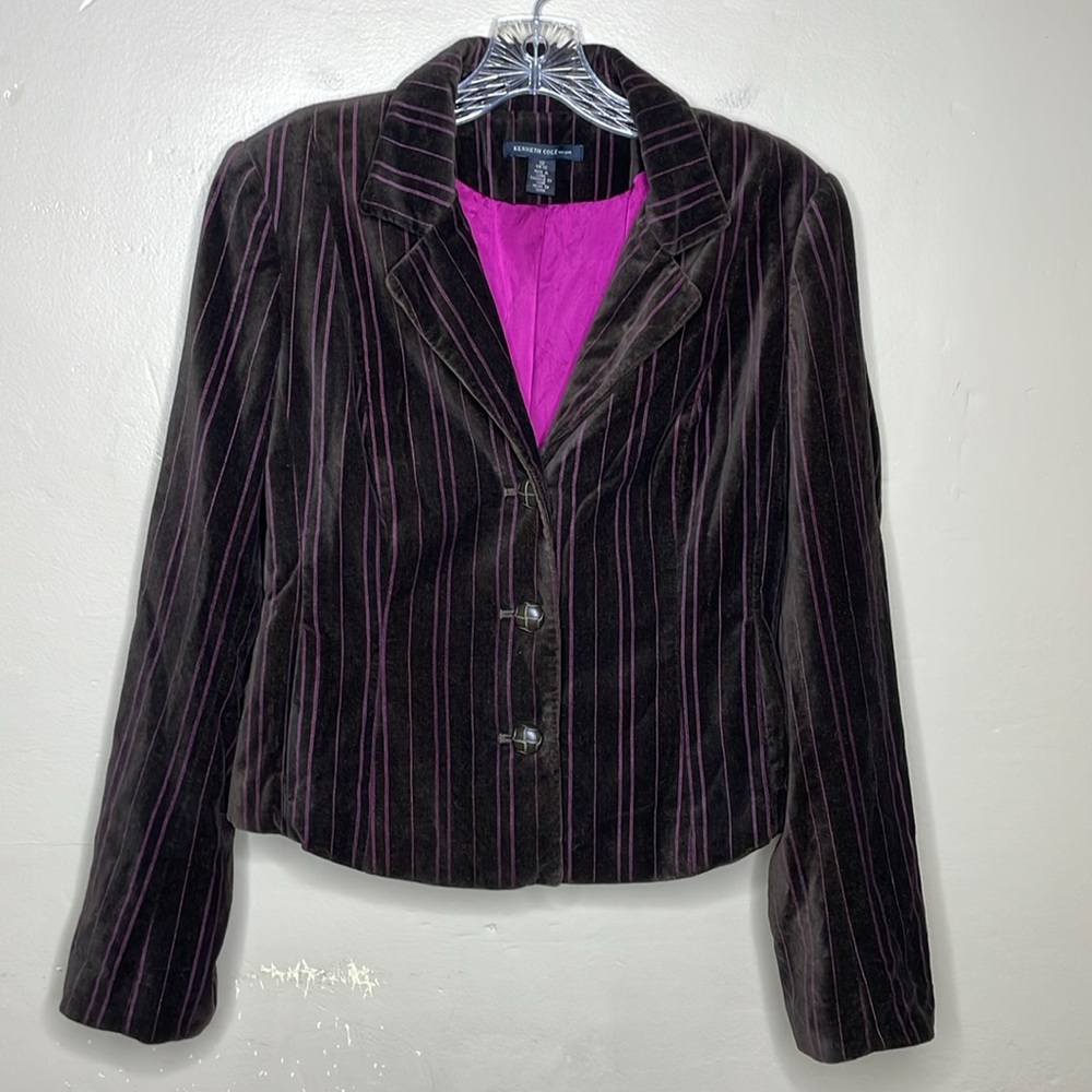 KENNETH COLE Velvet Blazer Brown & Magenta Stripe Single Breasted Hand Pockets - Picture 2 of 12